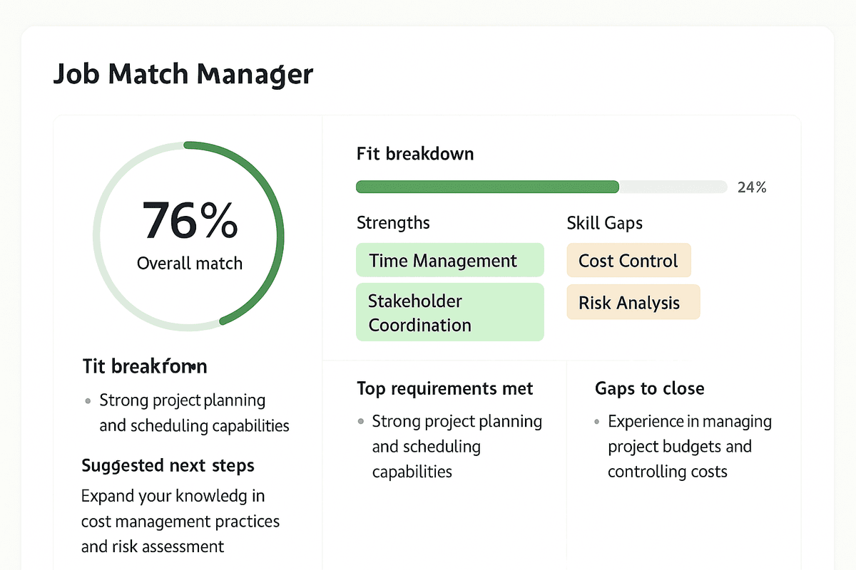 Sage job match analysis showing fit score and skill gap recommendations